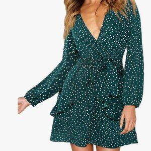NEW Green Polka Dot Long-Sleeve, V-Neck Dress